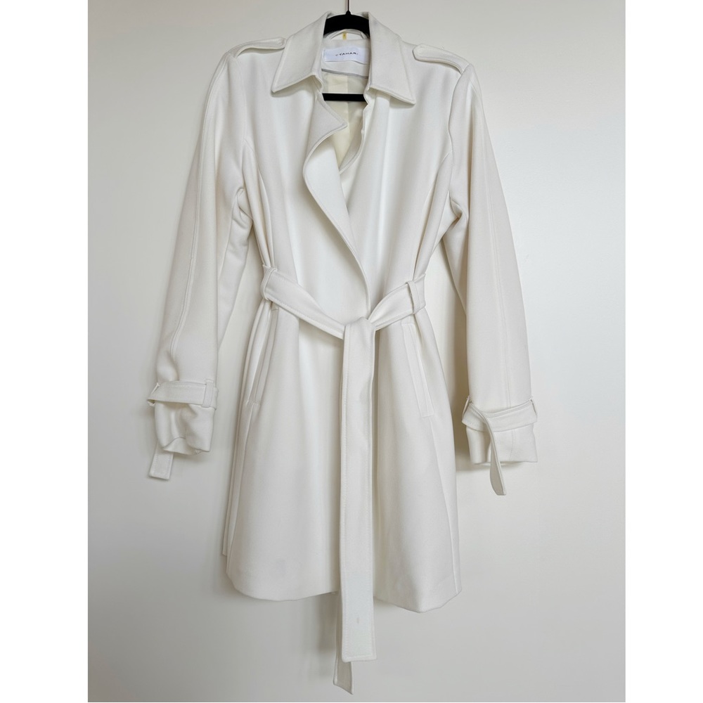 Tahari White Belted Wrap Coat Jacket Large L